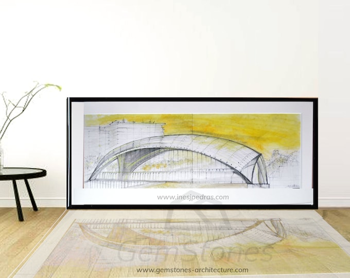 PUENTE-CASCARA. Original Bridge handrawing, Madrid, Spain, Handrawing Pen Ink, Architectural Sketch.Framed