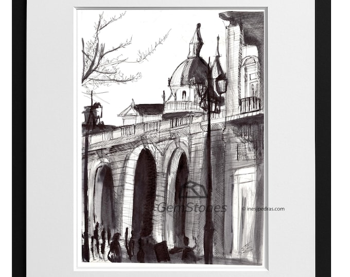 Architectural Illustration of Madrid - Historic Building in Watercolor and Ink