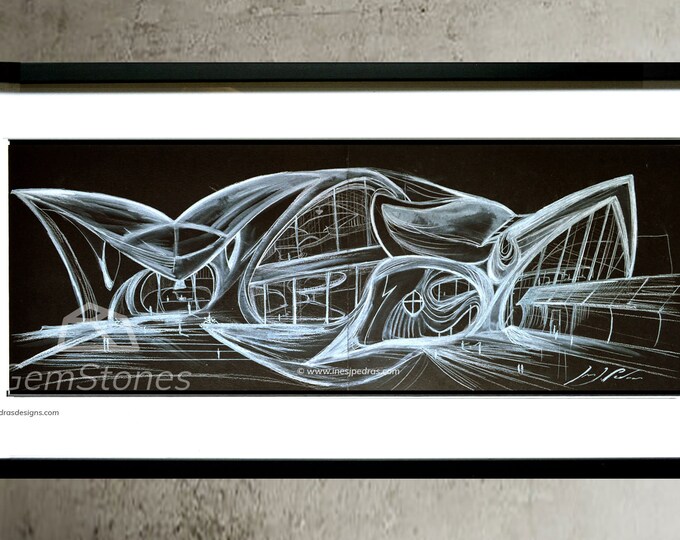 BLACKTWA-2, Original US, Architectural Pen Handrawing, Ink Cityscape, Black Abstraction building painting - Framed.