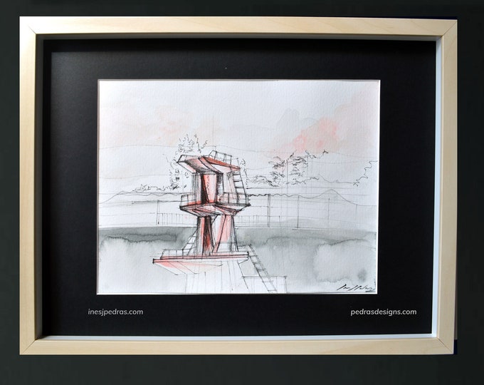 OMSETI, Architectural Abstraction Original painting - Framed 12 x 16" / 30 x 40 cm, Madrid, Spain, Handrawing watercolor.