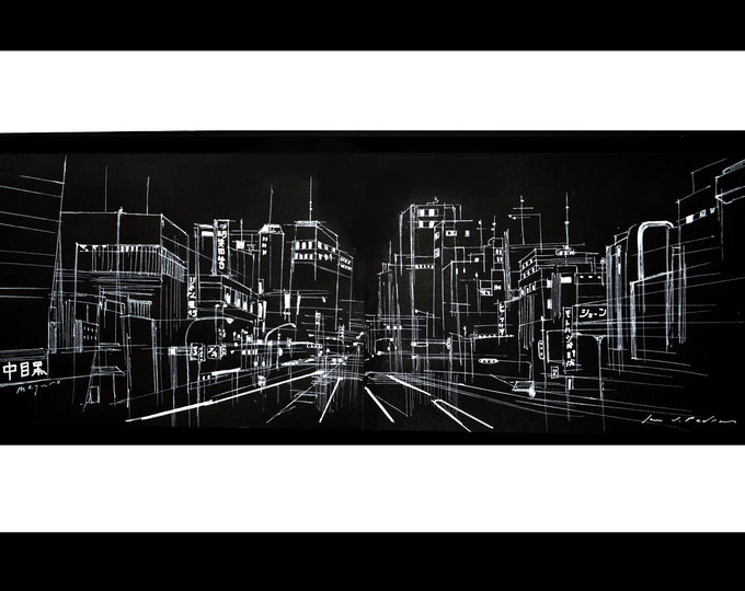 NAKAMEGURO, Tokyo Cityscape, Free Handrawing Ink, Architectural Japanese Urban view, 15.55 x 11.1 inch.