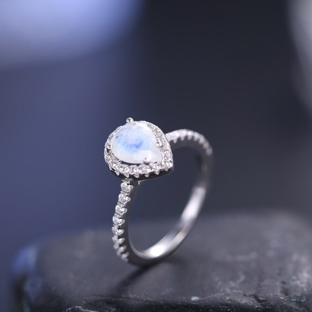 Engagement Ring Vintage Pear Shaped Milky Blue Moonstone June - Etsy