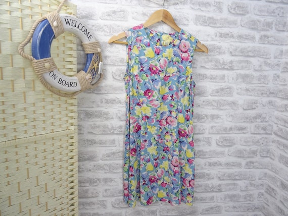 vintage ditsy tulip & rose tea dress viscose blue… - image 1