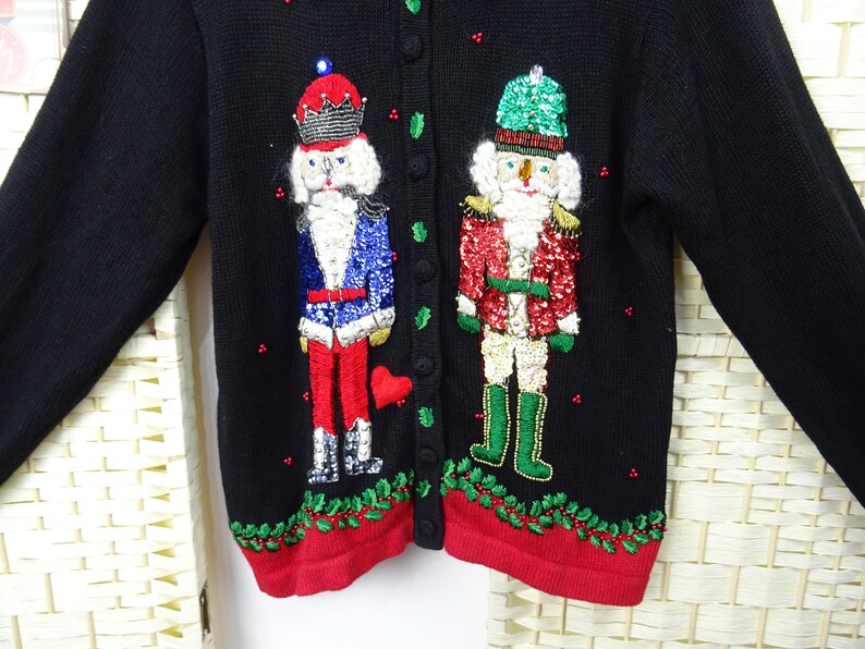 vintage Christmas jumper cardigan cotton ramie sequin soldiers beaded Victoria Jones black repaired ML