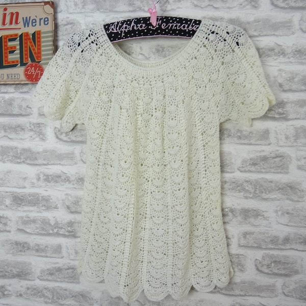 vintage crochet top jumper cotton boho filigree festival ivory size S (E219)