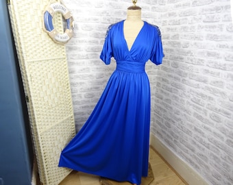 vintage 70s/80s  blue maxi dress stretchy Grecian princess prom cocktail ruched  poly size XS  (E540)