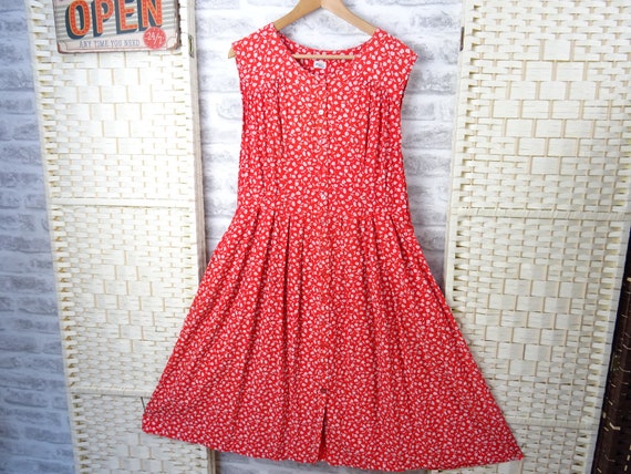 Vintage 90s Autumnal Red Ditsy Floral Sheer Dress Lovelygirl High Neckline Dress