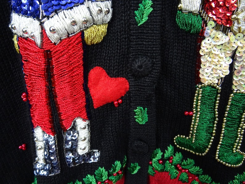 vintage Christmas jumper cardigan cotton ramie sequin soldiers beaded Victoria Jones black repaired ML