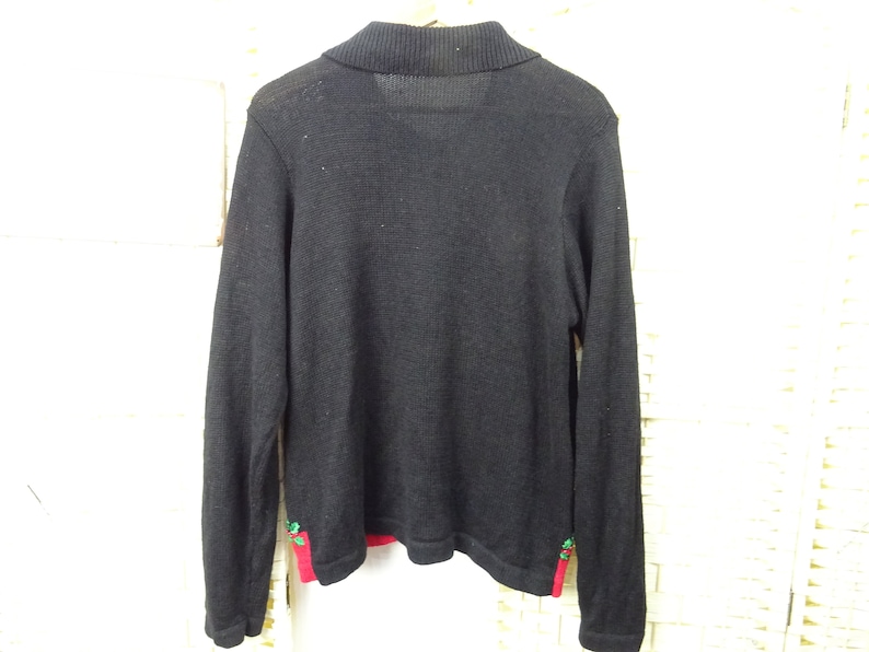 vintage Christmas jumper cardigan cotton ramie sequin soldiers beaded Victoria Jones black repaired ML