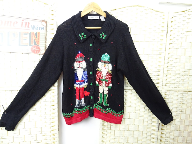 vintage Christmas jumper cardigan cotton ramie sequin soldiers beaded Victoria Jones black repaired ML