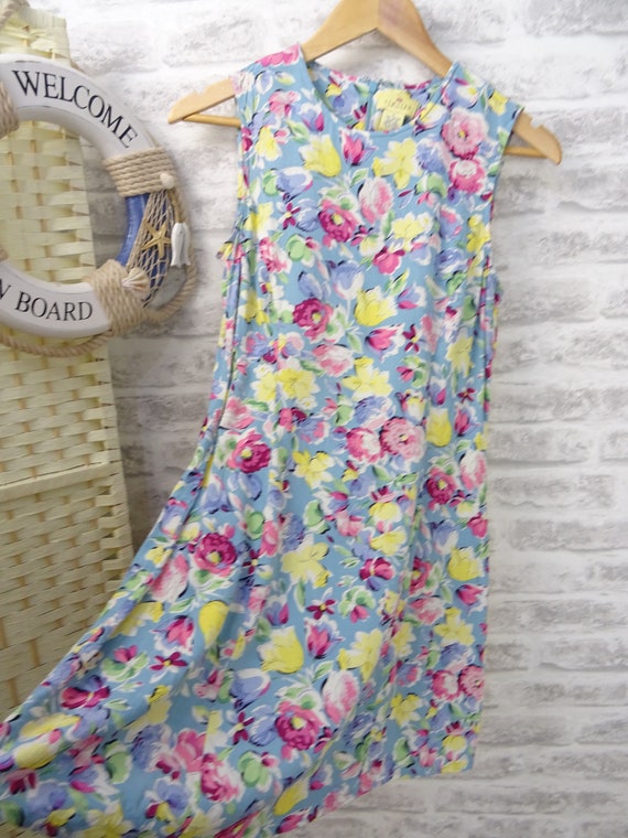 vintage ditsy tulip & rose tea dress viscose blue… - image 2