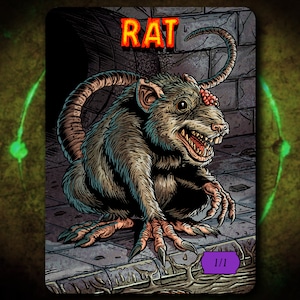 May include: A cartoon illustration of a gray rat with a red eye and a toothy grin. The rat is sitting on a brick surface with a sewer drain in the foreground. The card reads "RAT" in orange letters and "1/1" in purple letters.