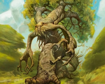May include: A digital painting of a large, anthropomorphic tree creature with textured, gnarled brown bark, long spindly limbs, and claw-like appendages. The figure has a face-like knot in its trunk and a canopy of vibrant yellow-green leaves.
