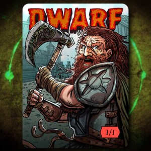 May include: A cartoon illustration of a dwarf warrior with a red beard, holding an axe and a shield. The image is in a comic book style with a red title "DWARF" and a red number "1/1" in the bottom right corner.