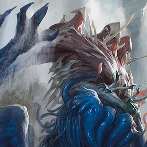 May include: A large, monstrous creature with multiple arms and a fleshy, red and white body. The creature is partially obscured by a misty, blue background.