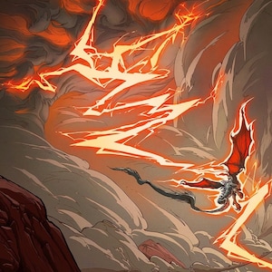 May include: A digital illustration of a dark-scaled dragon with vibrant red wings flying through a turbulent sky filled with thick grey clouds and jagged, glowing orange lightning bolts that illuminate the atmosphere with intense energy.