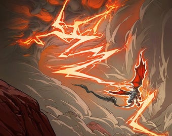 May include: A digital illustration of a dark-scaled dragon with vibrant red wings flying through a turbulent sky filled with thick grey clouds and jagged, glowing orange lightning bolts that illuminate the atmosphere with intense energy.
