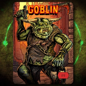 Può includere: Un mostro goblin verde con corna e una grande bocca che tiene una spada e sta in piedi sopra un umano morto. La carta recita "GOBLIN" e "1/1".