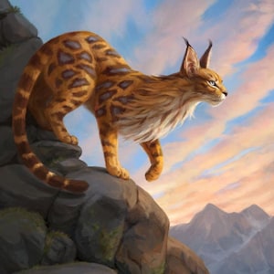 May include: A digital illustration of a wild cat with golden-brown fur and dark brown spots standing on a rocky cliff. The cat has tufted ears, a long tail, and a white chest. The background shows a mountain range under a soft sunset sky.