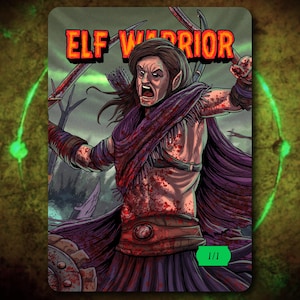 May include: An illustration of an Elf Warrior with the text "ELF WARRIOR" in red and yellow. The elf is depicted with long brown hair, pointed ears, and is covered in blood. The elf is holding a sword and shield.