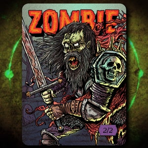 May include: A green and red zombie illustration with a sword and a skull shield. The text "ZOMBIE" is in orange letters at the top of the card. The card has a purple border with the text "2/2" in the bottom right corner.