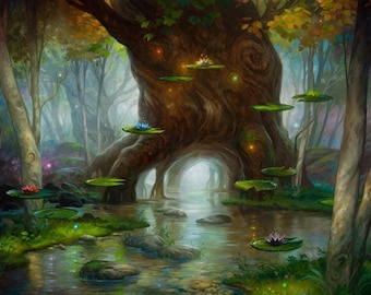 May include: A mystical forest scene with a large tree trunk and a winding stream. The tree has a hollow opening and glowing lights.  Water lilies with blue, pink, and white flowers float on the water.
