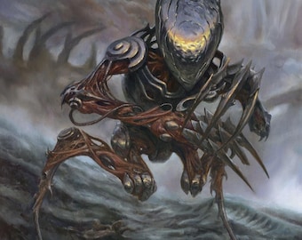 May include: A dark, biomechanical creature with a metallic, elongated head and sharp, multi-pronged claws. The figure features exposed reddish-brown sinewy muscle structures integrated with dark, segmented armor plating in a crouched, predatory stance.
