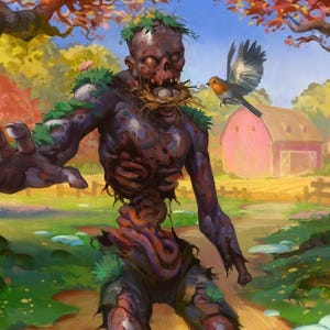 May include: A dark, decaying humanoid figure with exposed ribs and mossy patches stands in a field. It holds a bird's nest with eggs in its mouth. A small bird flies nearby, with a red barn and autumn trees visible in the background landscape.
