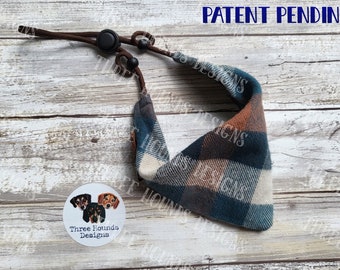 Adjustable Dog Bandana Personalized, Navy and Tan Flannel