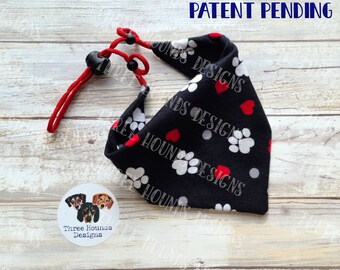Adjustable Custom Dog Bandana, Personalized, Black Paws and Hearts Valentines Flannel