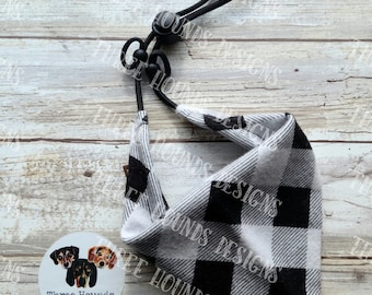 Adjustable Dog Bandana Personalized, White and Black Flannel
