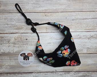 Adjustable Custom Dog Bandana, Personalized, Black and Multicolor Floral Paws Flannel