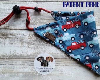 Adjustable Custom Dog Bandana, Personalized, Red White and Blue Trucks Cotton Fabric