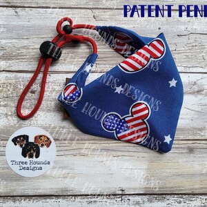 Adjustable Dog Bandana Personalized, Red White and Blue Mickey Heads Cotton Fabric