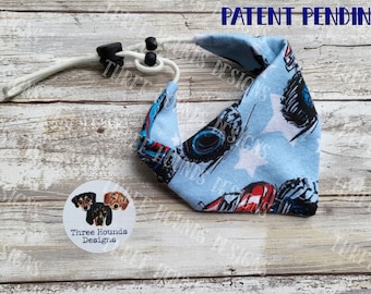 Adjustable Dog Bandana Personalized, Red White and Blue Monster Trucks Flannel