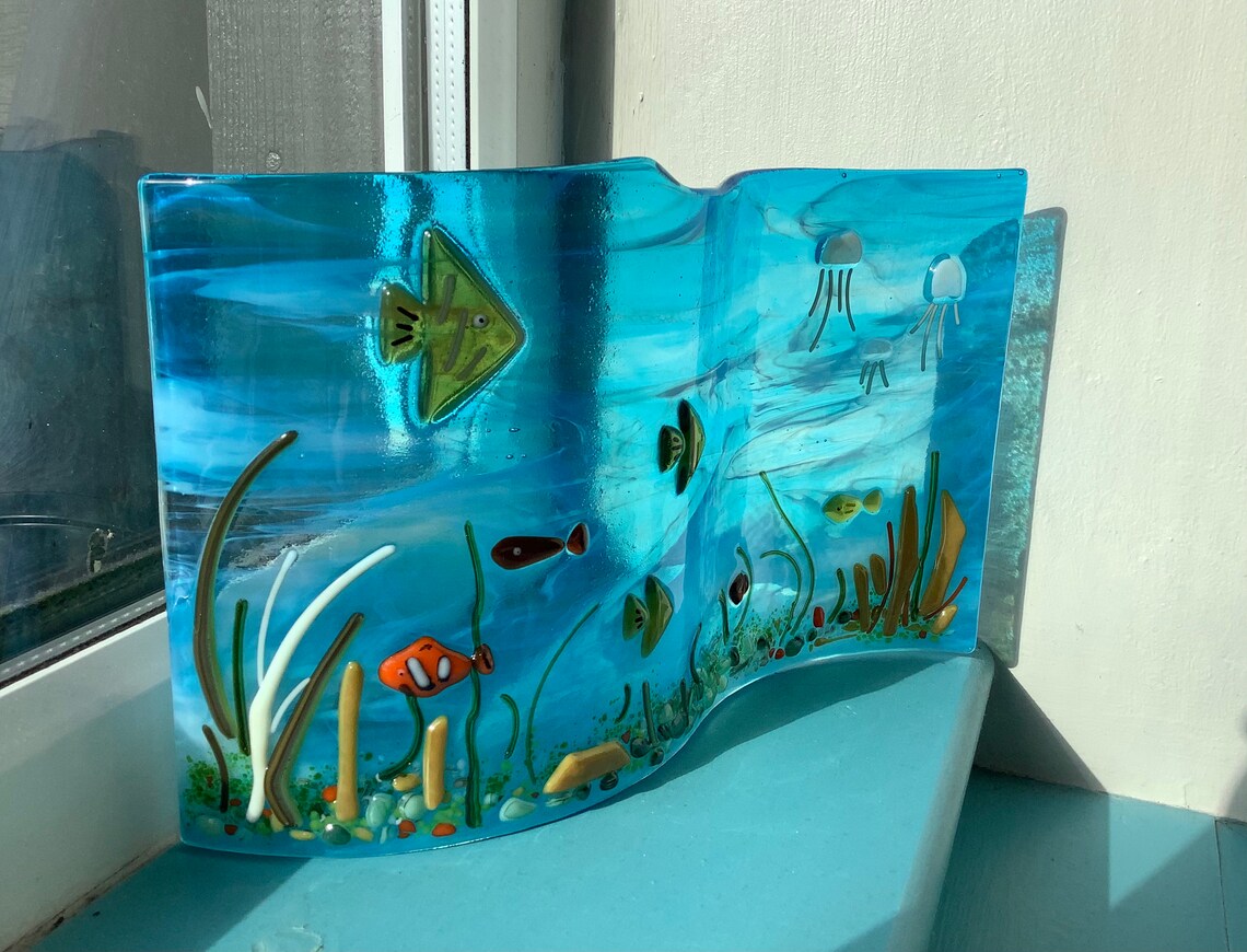 Underwater coral reef scene in fused glass. Tropical fish and Etsy