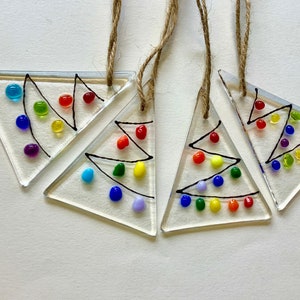 Tree / Window decoration.  Handmade fused glass Christmas Tree decoration.  Rainbow Transparent or Opalescent coloured glass. Ideal to post.