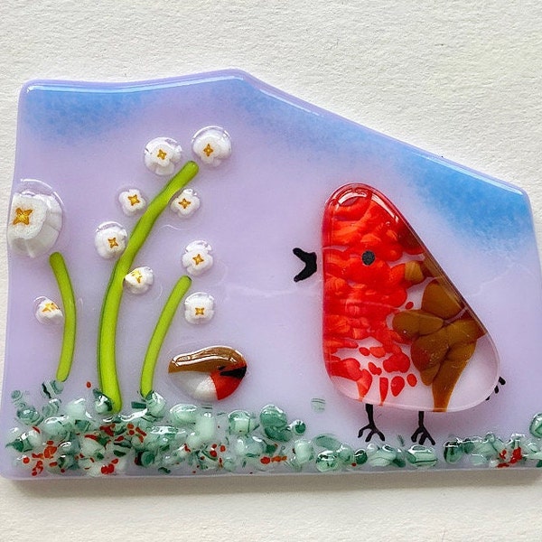 Robins in the garden magnet/memory piece.  Unique piece of fused glass art.  Ideal to send in the post.