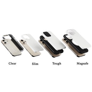 May include: Four different iPhone cases are shown, each with a different level of protection. The cases are labeled "Clear", "Slim", "Tough", and "Magsafe".