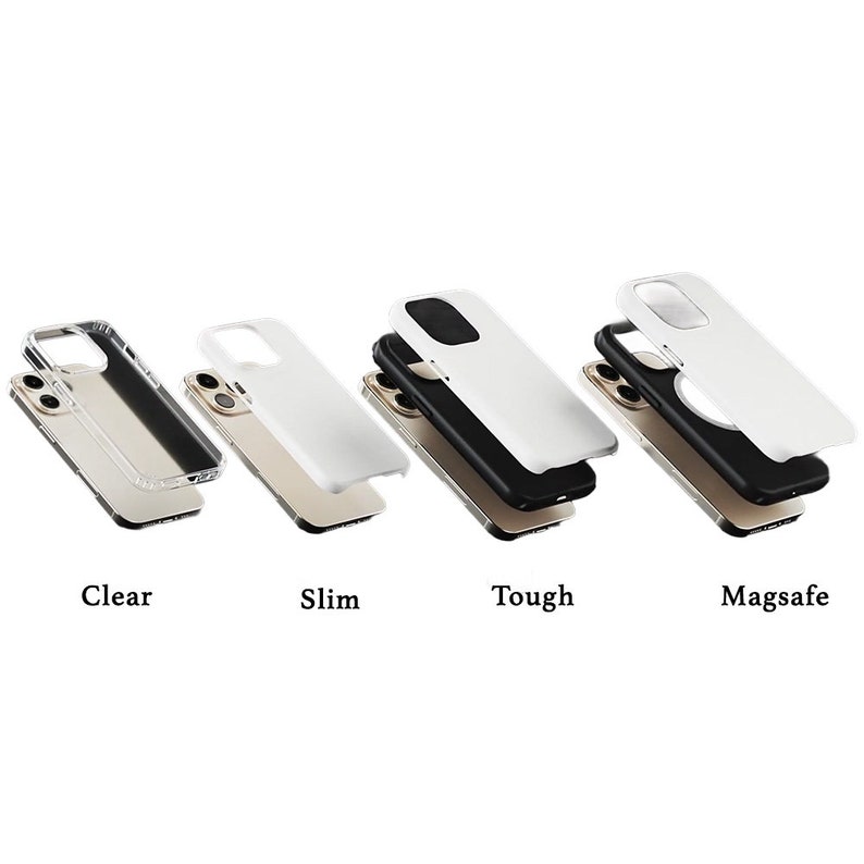 May include: Four different iPhone cases are shown, each with a different level of protection. The cases are labeled "Clear", "Slim", "Tough", and "Magsafe".