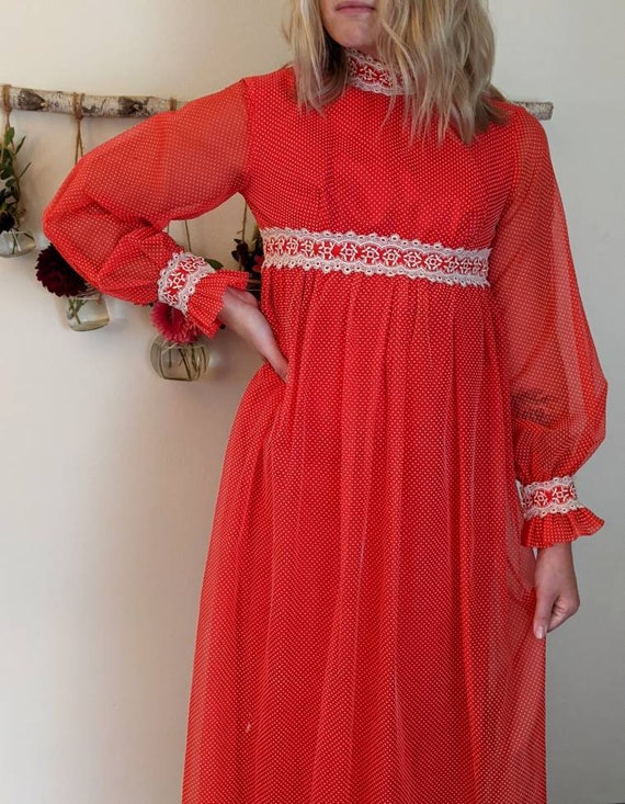 Vintage Red Empire Waist Edwardian Dress - 1970s