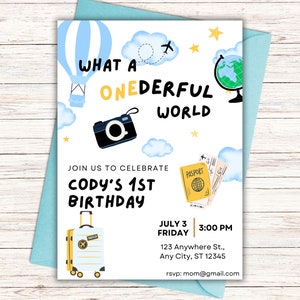EDITABLE ONEderful Invitation Digital Download- Travel Birthday Invitation, Boy 1st Birthday Invite, What a ONEderful World, 5x7 Printable