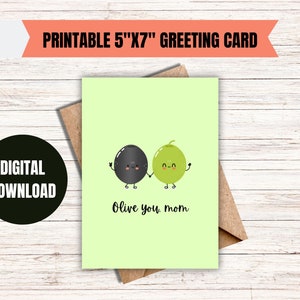 Cartão de Dia das Mães para imprimir, Cartão engraçado de Dia das Mães, Cartão digital de Dia das Mães para crianças, Cartão de felicitações 5x7, Trocadilho de mãe, Olive You