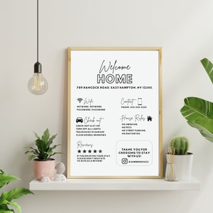 Szablon znaku powitalnego dla Airbnb, wynajem wakacyjny do wydrukowania, plakat przyjazdu gości, znak gospodarza VRBO, rzeczy do poznania, zasady domu, Wi-Fi