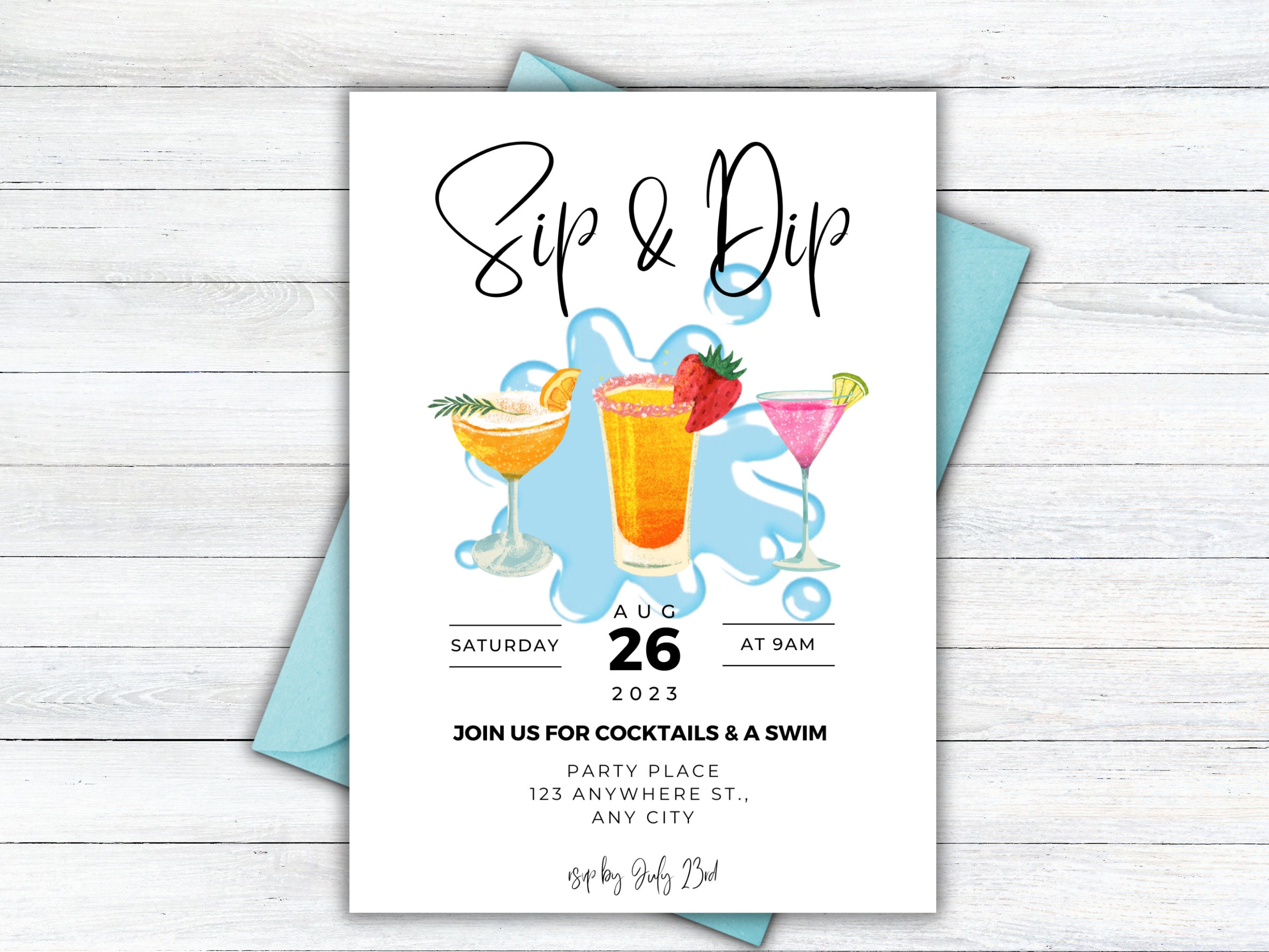 EDITABLE Sip and Dip Summer Invitation Digital Download Simple Drinks ...
