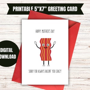 Tarjeta imprimible para el Día de la Madre, tarjeta divertida para el Día de la Madre, tarjeta digital para el Día de la Madre hecha por niños, tarjeta de felicitación de 5x7, juego de palabras para mamá, juego de palabras con tocino, amor de mamá