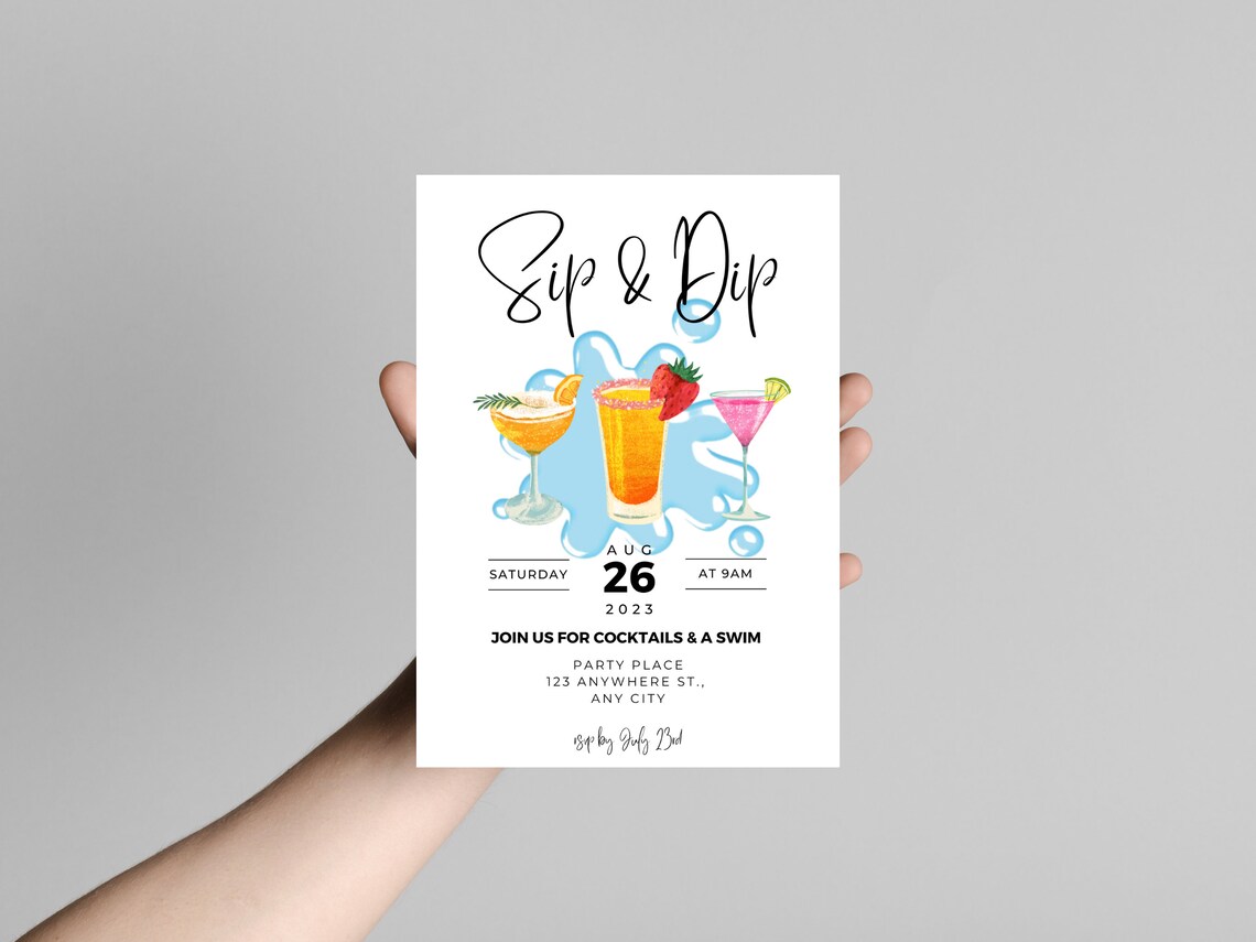 EDITABLE Sip and Dip Summer Invitation Digital Download Simple Drinks
