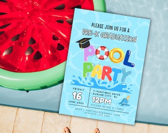 EDITABLE Graduation Pool Party Invitation Digital Download- Pool Party, Pre-K Graduation Invite -5x7 birthday, Instant Download Printable