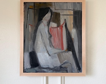 Mid Century Modern Swedish Oil Painting by Jan Langlet 1957, Original Framed Fine Art, Expressionist Seated Nude Figure