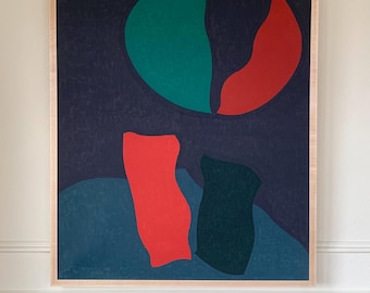 Fredrik Glommé Oil Painting 1991 | Leken Abstract Canvas Art, Framed Mid Century Graphic Style